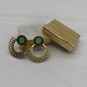 Boho Gold TONE Filigree Hoop Earrings with Turquoise Tone Center - Vintage Style